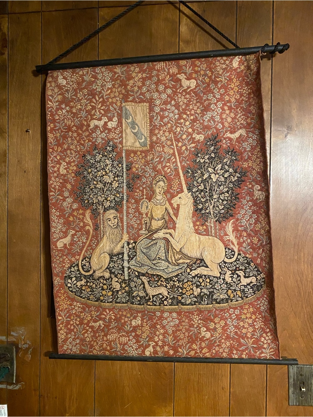 Red Medieval-Style Unicorn & Lady Tapestry Wall Hanging
